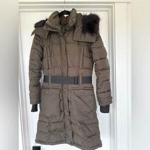 French Connection Parka Jacket Women Faux Fur Coat Long Puffer Belted -Sz Small